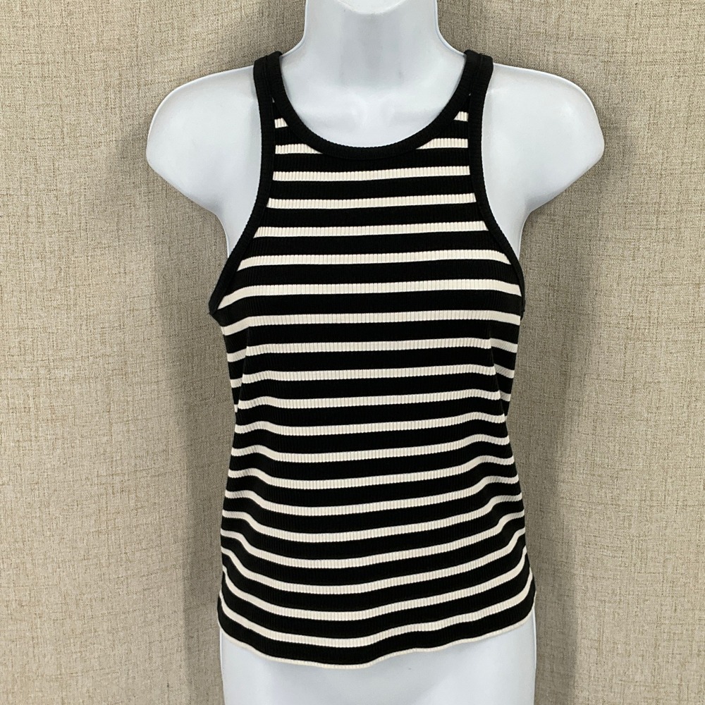 J.Crew Tank Top Womens M Black White Striped Ribbed Racerback Classic High Neck